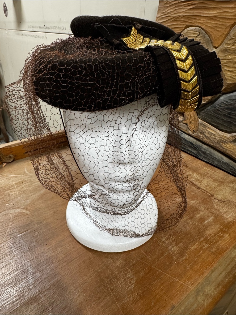 Vintage Wool Women's Brown Veiled Pillbox Cloche Hat with Gold Accent